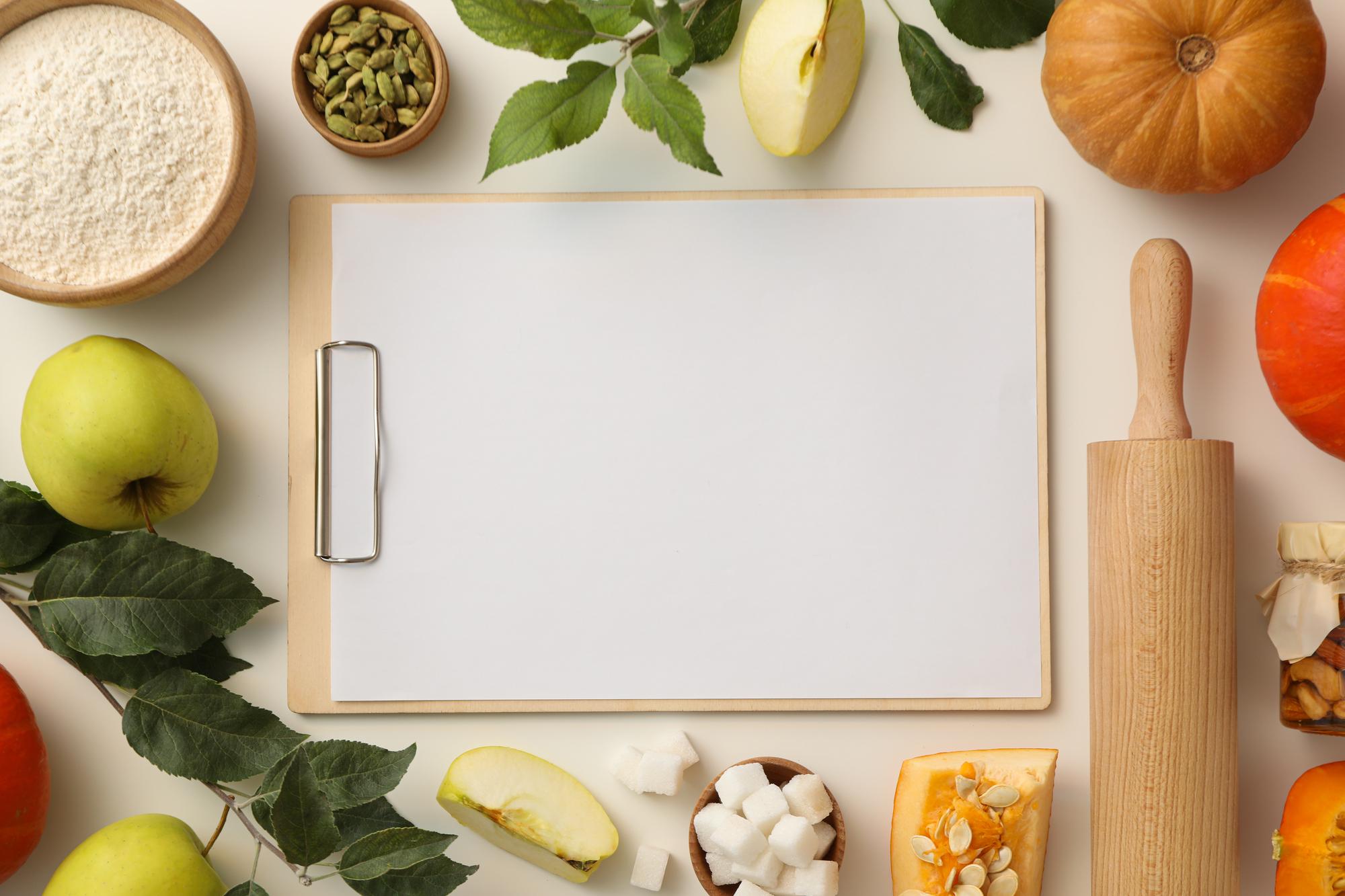 Bright flatlay of fresh ingredients and a recipe card